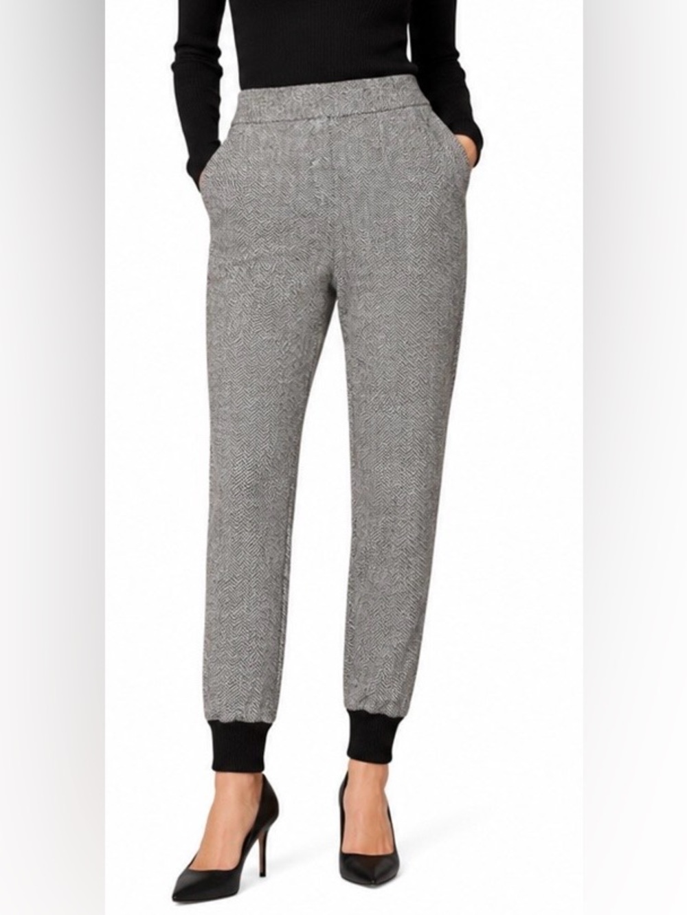 Veronica Beard Frazier Herringbone Knit Cuff Jogger Pants Gray Black Size 2